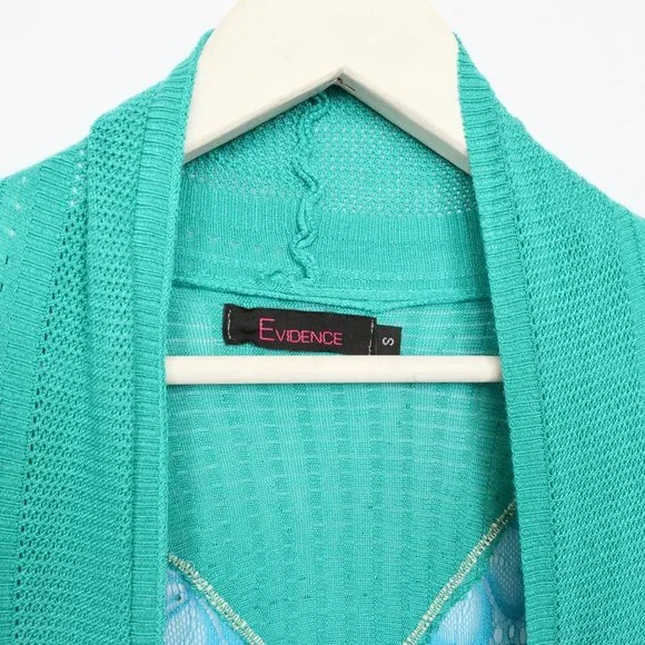 Y2K Rhinestone Butterfly Lace Turquoise Ribbed Cardigan - Picture 4 of 5